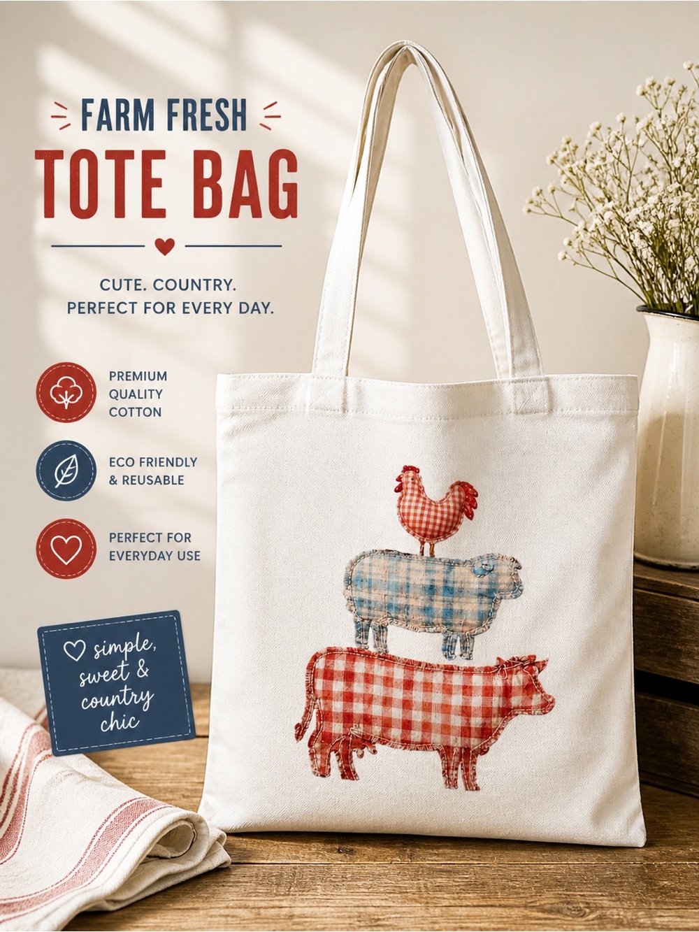 Handmade Canvas Tote Bag with farm animals quilt like Graphic - White